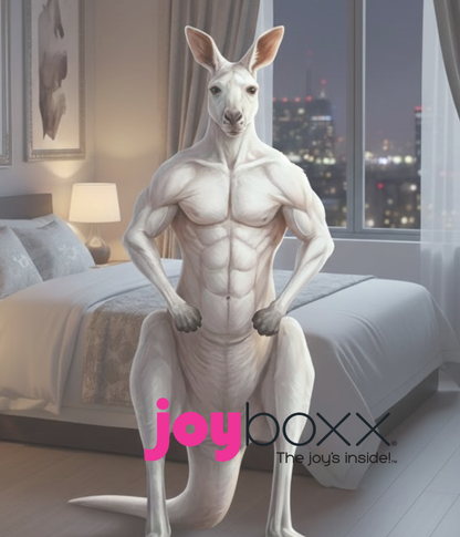 Muscular kangaroo in a bedroom setting with 'joyboxx' branding.