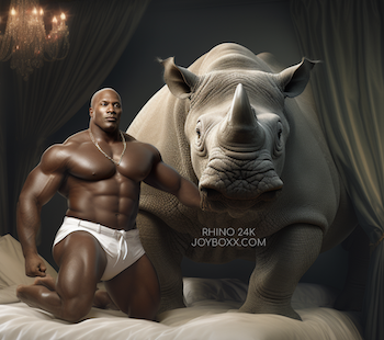a beautiful black man with blond hair holding a big fat rhino on a sexy bed -joyboxx.com