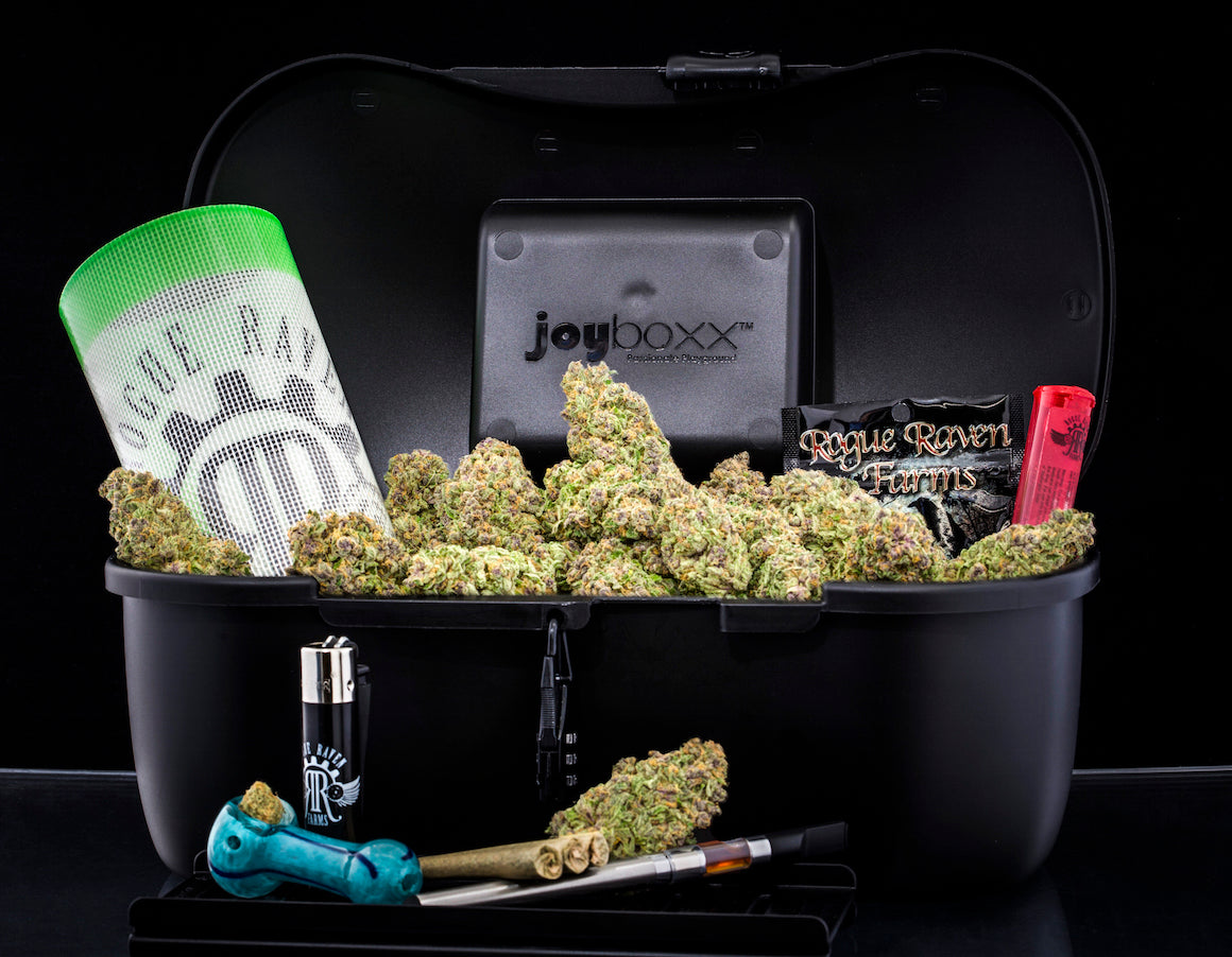 Black-Black-Locking-Joyboxx-Stash-Box-Stuffed-with-Cannabis-from-Rogue-Raven-Farms