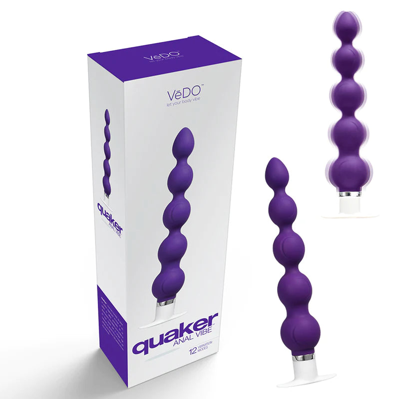 VeDO Quaker Anal Vibe, Vibrating Anal Beads in Indigo deep purple,  Men, Women and Non-Binary people love this easy to use, one battery.  Available at joyboxx.com 