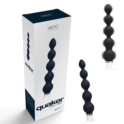 VeDO Quaker Anal Vibe, Vibrating Anal Beads in Deep Classic Black,  Men, Women and Non-Binary people love this easy to use, one battery.  Available at joyboxx.com 